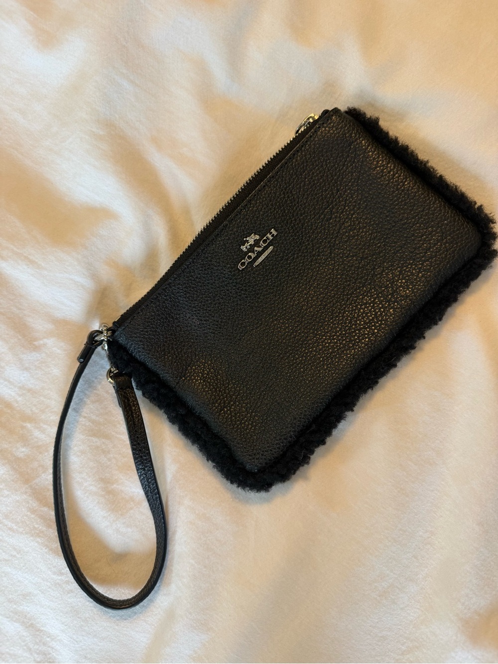 Coach Black Pebbled Leather Wristlet with Shearling Trim